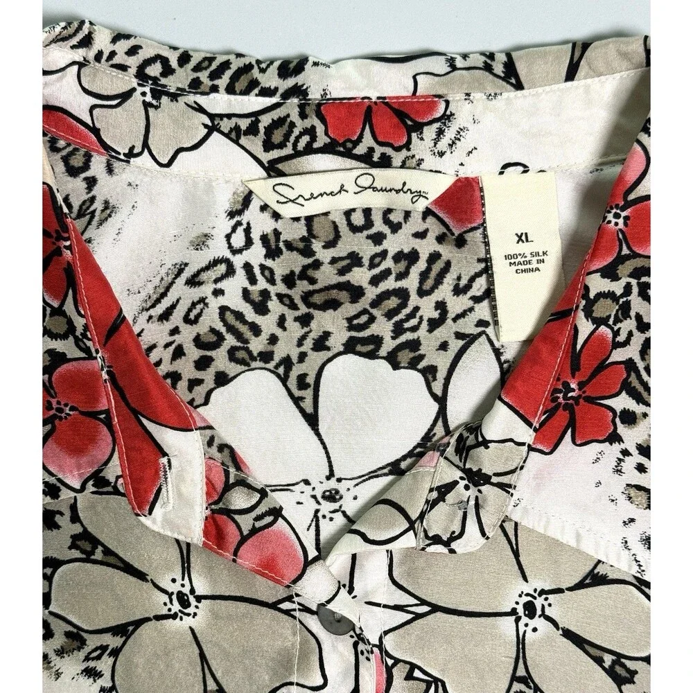 French Laundry 100% Silk Blouse Sz XL Floral Animal Print Boho Artsy